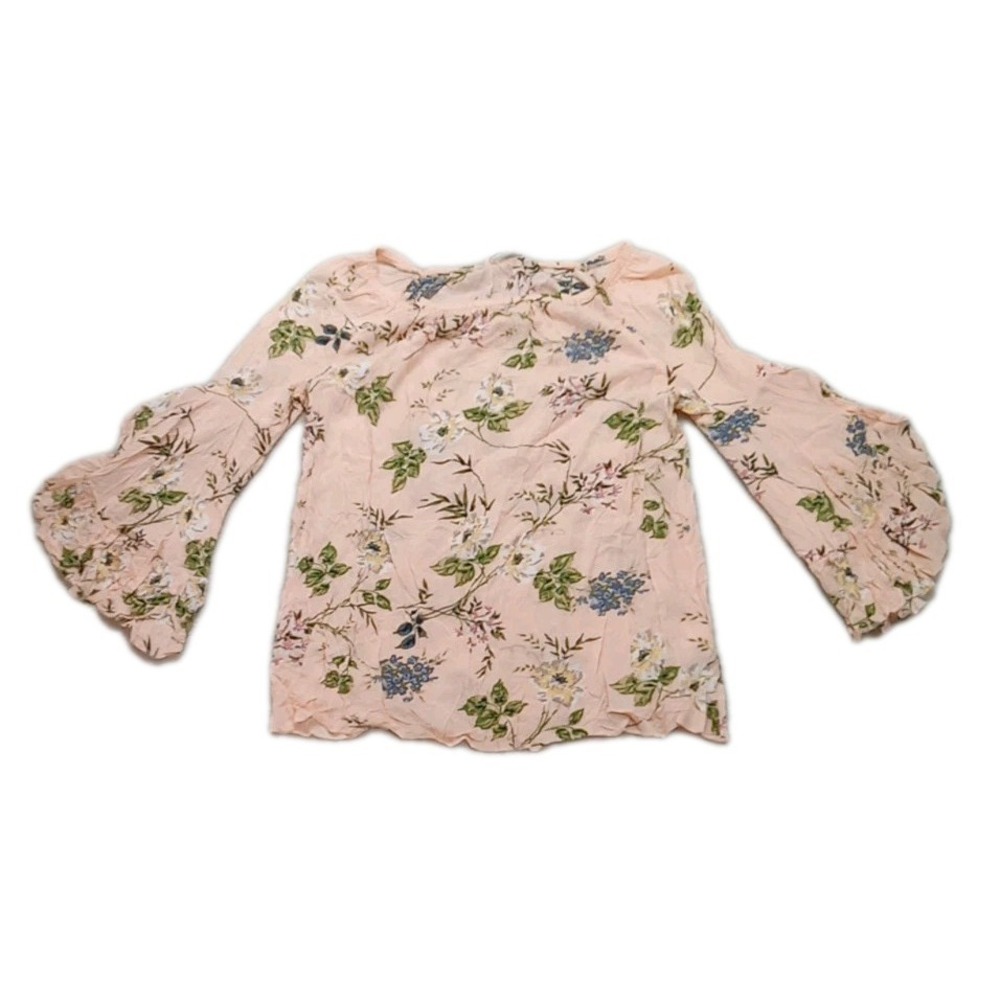 Fever Peach Floral Sheer Bell Sleeve And Hem Perforated Detail Boho Top Womens M